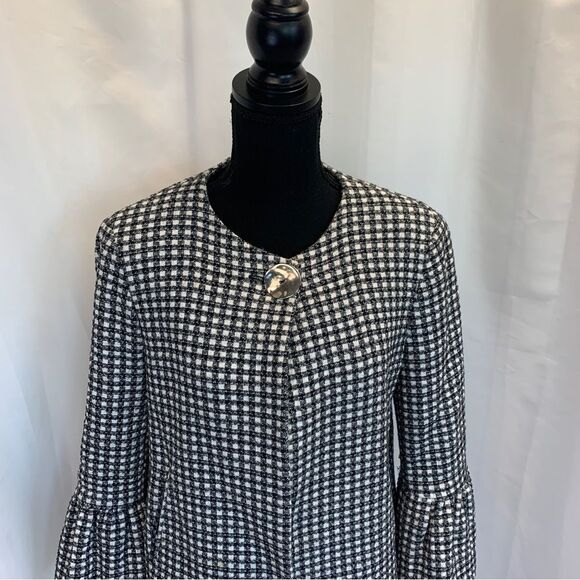 𝅺ZARA tweed plaid check black white bell sleeve jacket Sz M - Picture 6 of 15
